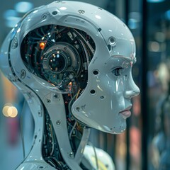 Fototapeta premium A robot head with a face and a head with wires and a camera. The robot head is white and has a metallic look