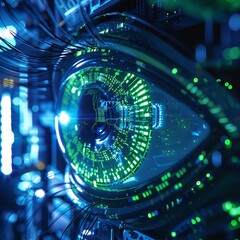 A computer screen shows a green eye with a lot of lines and dots. The eye is surrounded by wires and cables, giving it a futuristic and technological feel. Concept of advanced technology