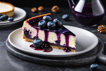 Delicious blueberry cheesecake with blueberry on a dark marble background. - 791030115