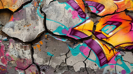 A striking abstract background where the cold, hard reality of cracked concrete is warmed by the vibrant hues of graffiti art, symbolizing resilience and creativity