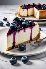 Tasty blueberry cheesecake with blueberry on a white marble background.