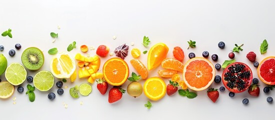 Colorful fruits with a rainbow spectrum on a white backdrop. Promoting healthy eating habits and diet with ingredients suitable for juices and smoothies. Space available for further content.