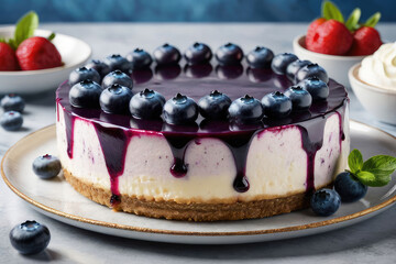 Tasty blueberry cheesecake with blueberry on a white marble background.