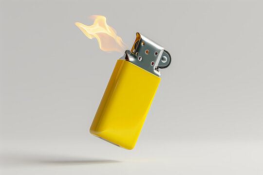 Flying yellow cigarette lighter , isolated white background