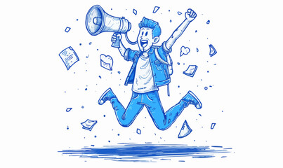 Line drawing of man jumping with megaphone, simple line art illustration
