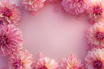 Flower frame of Magenta dahlias on a rosy pink background, Soft Spring Background with Copy Space