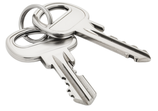 Two silver keys with keychain, isolated on transparent background