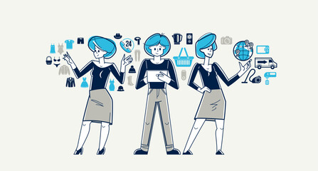 Online shopping and discount vector outline illustration, store workers team managing goods or customers have a big choice and enjoying cheap prices, advisers and consultants.