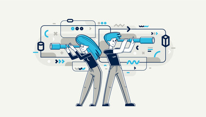 Young people making some inquiry and collecting data for analysis, vector outline illustration, exploration and research for business or science, self-education.