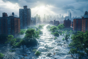 Drowning city - climate catastrophe awareness - obrazy, fototapety, plakaty
