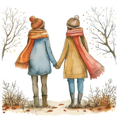 Watercolor vector illustration of two girls standing with their backs and holding hands