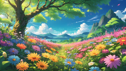 Obraz na płótnie Canvas Landscape With Flowers Ai Generate Wallpaper
