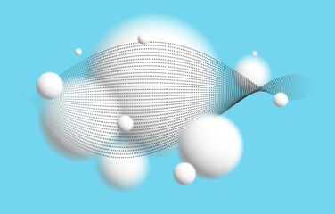 Light and soft 3D defocused spheres with particles wave flow vector abstract background over blue, relaxing ambient white balls in levitation, atmospheric wallpaper.