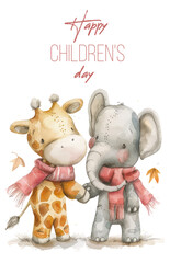 Children's Day, children stand by hands. Vector watercolor kids, airplanes, balloons poster
