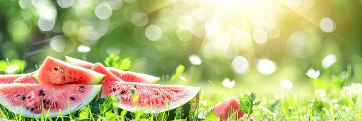 Vibrant watermelon glistening in sunlight, a truly captivating scene under the clear sky