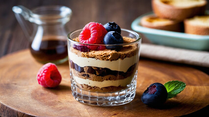 
Delicate beautiful tiramisu in a transparent glass glass with raspberries and blueberries, mint...