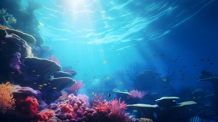 Underwater panoramic view of the coral reef. Underwater world.