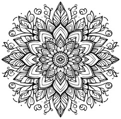 Mandala als Ausmalbild Vorlage Muster Icon oder Hintergrund für Erwachsene und Kinder aus Blättern und Blüten in schwarz weiß, rundes Objekt zum ausmalen zeichnen zum Stressabbau Konzentrationsübung