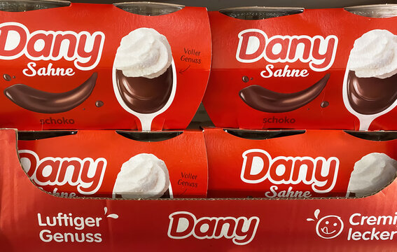 Viersen, Germany - May 9. 2024: Closeup of packs Dany Sahne chocolate pudding in store shelf
