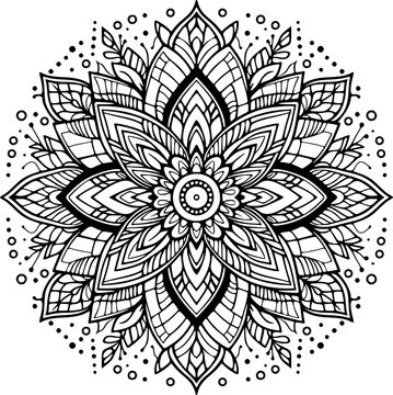 Mandala als Ausmalbild Vorlage Muster Icon oder Hintergrund f&uuml;r Erwachsene und Kinder aus Bl&auml;ttern und Bl&uuml;ten in schwarz wei&szlig;, rundes Objekt zum ausmalen zeichnen zum Stressabbau Konzentrations&uuml;bung