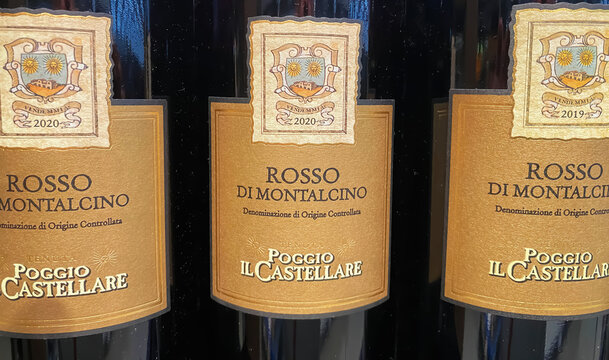 Viersen, Germany - May 9. 2024: Closeup of italian red wine bottles Poggio il Castellare Rosso di Montalcino