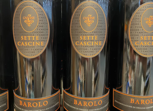 Viersen, Germany - May 9. 2024: Closeup of bottles Sette Cascine Barolo italian red wine