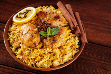 Authentic Chicken Biryani Close-up, Traditional Indian Dish of Rice and Chicken Marinated in Spices and Yoghurt