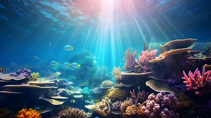 Underwater panorama of coral reef with fishes and corals.