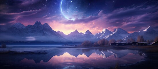 A moonlit lake surrounded by a majestic mountain range - obrazy, fototapety, plakaty
