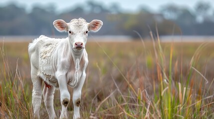 Naklejka premium A small white calf stands in a field of tall grass In the distance, blurred trees form a hazy background