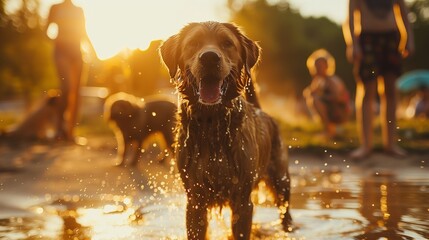 A heartwarming scene of pet care and wellness, featuring a content dog basking in the love and attention of its family, symbolizing joy, happiness, and the special bond between humans and their pets.