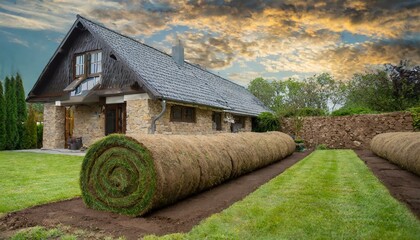 Rolled turf is laid on a home
