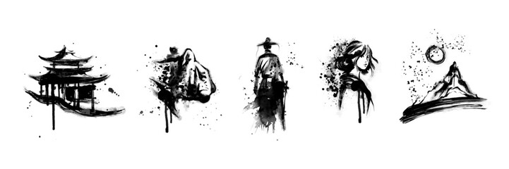 Japanese ink brush stain set, asian vector symbol collection, samurai, oriental tiger, pagoda circle. Calligraphy paintbrush traditional object, dye splatter watercolor drips. Japanese ink design