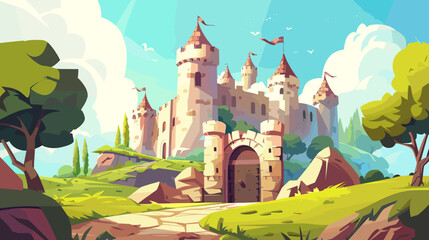 Obraz premium Old medieval castle on a hill vector cartoon illustration, palace, kingdom