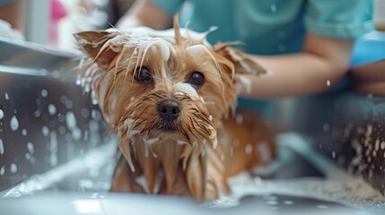 Professional pet groomer carefully washing a happy dog with soap and water in a well-equipped grooming salon, showcasing pet care and wellness services.
