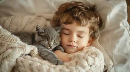 A peaceful scene of a young child napping with their beloved pet, showcasing the bond between kids and animals and emphasizing the importance of pet care and wellness.