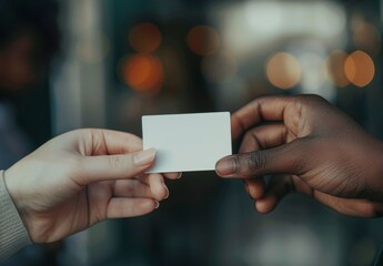 Close-up: Hands exchange business card, emphasizing personal connection in professional networking