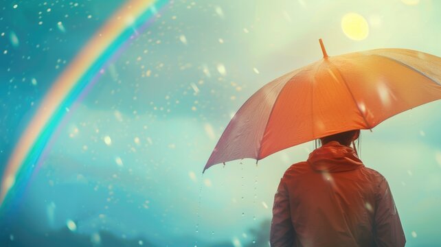 Person with orange umbrella under a rainbow.