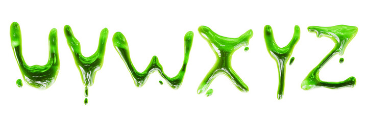 3D slime alphabet set, Halloween zombie green drip goo render text, liquid toxic spooky letters. Monster glossy texture, decorative radioactive scary gel ABC, jelly alien gum. Slime alphabet clipart