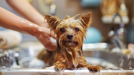 Professional pet groomer carefully washing a happy dog with soap and water in a well-equipped grooming salon, showcasing pet care and wellness services.
