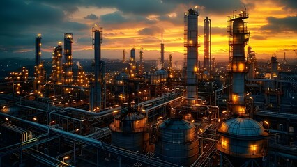 Industrial equipment at an oil refinery includes distillation columns tanks and pipelines. Concept Oil Refinery Equipment, Distillation Columns, Storage Tanks, Pipelines, Industrial Processes