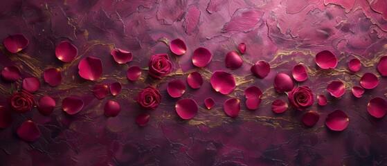 A bold magenta marble background, enriched with gold patterns, magenta silk and petals of deep pink roses. 