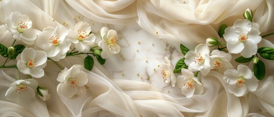 A classic pearl white marble surface adorned with white jasmine flowers and sheer white silk.  - obrazy, fototapety, plakaty