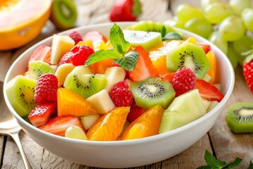 Fresh and healthy fruit salad with a variety of colorful fruits in a served bowl