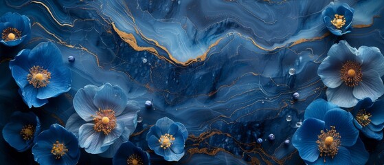 A deep sapphire marble background complemented by sapphire blue silk and scattered bluebell flowers. - obrazy, fototapety, plakaty