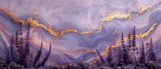 A delicate lavender marble canvas decorated with lavender sprigs and wisps of purple silk.