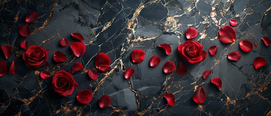 A dramatic black marble backdrop, highlighted with bold gold veins and with dark red rose petals. 