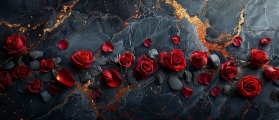 A dramatic black marble backdrop, highlighted with bold gold veins and with dark red rose petals.  - obrazy, fototapety, plakaty