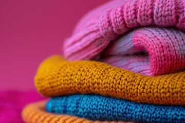 stack of cozy knitted sweaters in autumn colors on a pink backdrop