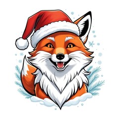 Fox wearing a Santa's red cap. Christmas poster, t-shirt composition, isolated illustration on white background.